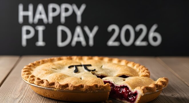 Happy pi day 2026, whole cherry pie with a slice missing on wooden table