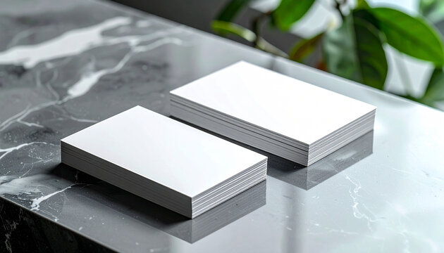Two stacks of blank white business cards on a reflective dark marble table with a blurred green plant in the background.