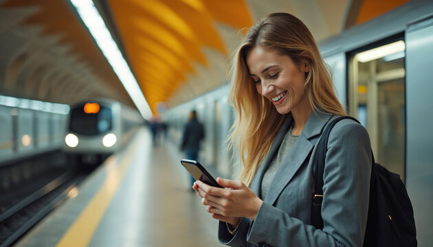 Smiling businesswoman texts on smartphone waiting for train on subway platform. Woman uses mobile app for transport directions before commute on metro. Urban public transit.