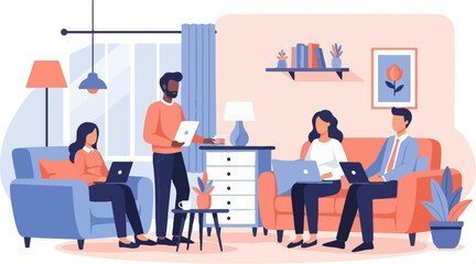 Four people working on laptops in a modern living room setting (1)