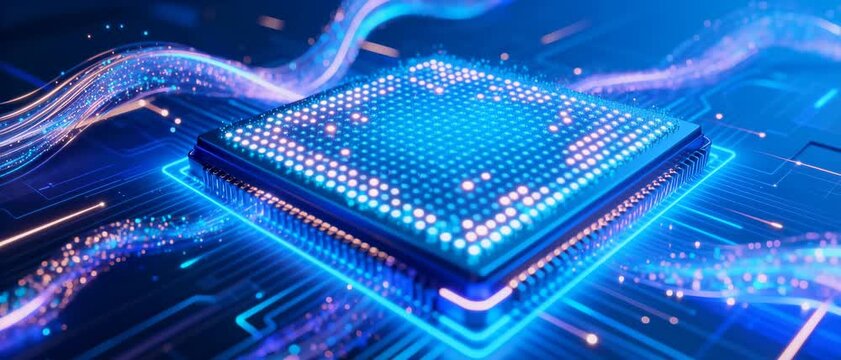 Glowing Blue Microchip on Circuit Board Surrounded by Digital Energy Waves Symbolizing Cutting-Edge Technology and Innovation