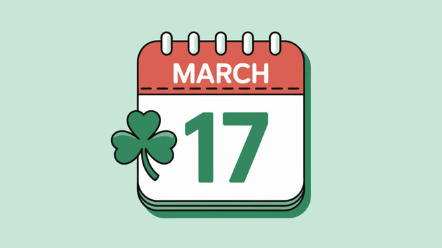 Shamrock calendar badge vector icon showing March 17 Irish holiday date with clover symbol for St Patrick&rsquo;s Day event planning reminders and seasonal design