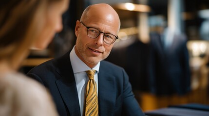 Fototapeta premium A client discusses fabric choices with a tailor, surrounded by hanging suits and a sewing machine, illustrating the collaborative process of creating personalized attire. cinematic color