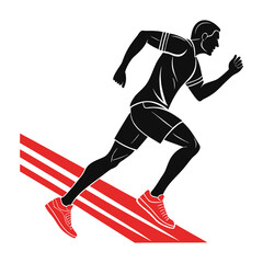 Obraz premium Athlete Running Fast on Red Striped Background, Dynamic Sports Illustration with Motion Energy and Speed Concept