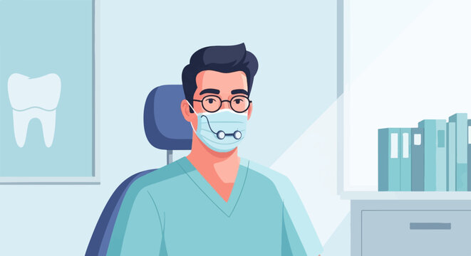 Male dentist in mask and scrubs seated in dental chair, tooth art