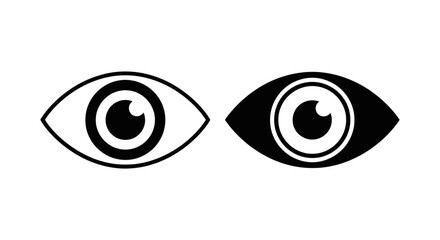 Eye icon symbol, open iris and pupil, presented in outline and solid black versions for vision or watch.