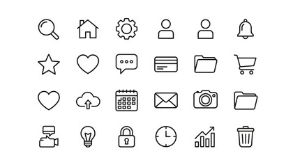 Fototapeta premium UI Icon Pack Set – Flat Solid and Outline Icons for App and Web Interface. Modern UI icon pack featuring a set of flat solid and outline icons designed for mobile apps, websites, dashboards, and SaaS.