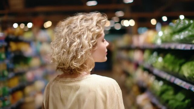 214Wide-angle perspective of a supermarket aisle with a young woman standing thoughtfully, beige striped top and curly hair visible, shelves stacked with food items, aisle lines leadi