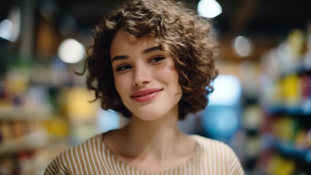216Natural-light close-up of a young woman in a supermarket aisle, beige striped top, shoulder-length curls, examining products with a focused expression, soft reflections on clean ti