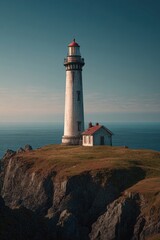 Obraz premium Lighthouse on Rocky Coastal Cliff with Calm Sea and Clear Sky