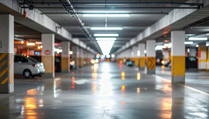 Obraz premium Indoor parking lot garage with concrete pillars. Bokeh light effect background. Transportation design element.