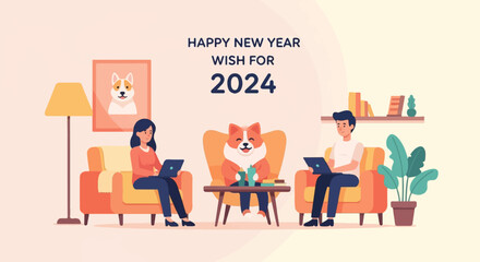 Happy New Year 2024! Two people and a dog in a cozy room