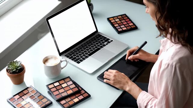 Woman Working on Laptop with Graphics Tablet with Eyeshadow Palette and Coffee Mug on White Table in Bright Light