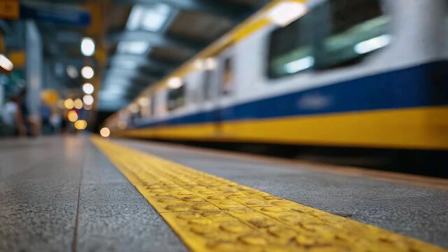 235Wide cinematic perspective of a railway platform, lone passenger behind yellow line, train blurred as it approaches at speed, tactile textures of platform edge and rails visible, m