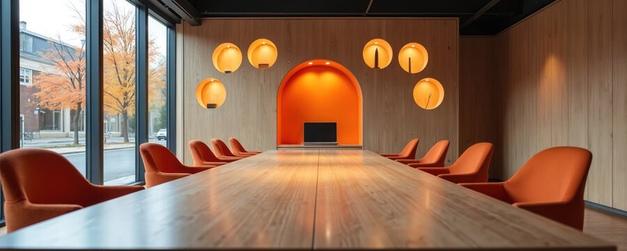 Modern office meeting room interior with long table and orange chairs. Large windows show autumn trees outside. Interior design features wood paneling and unique lighting.