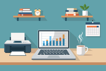 Home Office Desk with Laptop Showing Business Analytics Chart