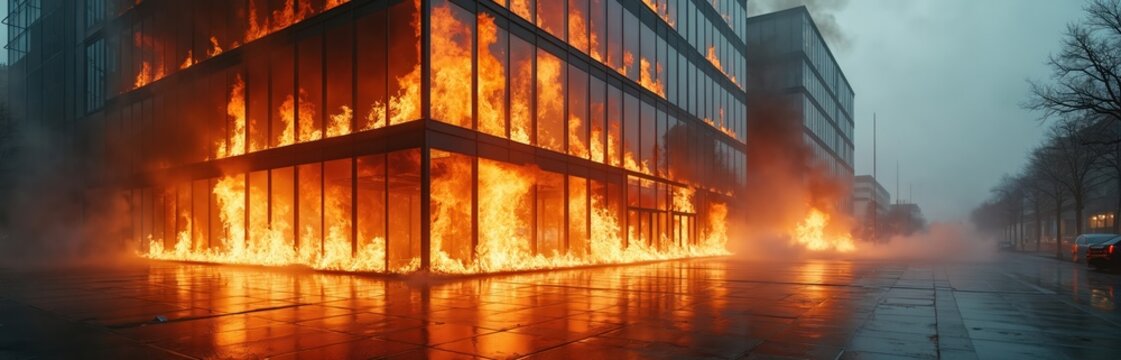 Modern office building burns intensely with orange flames engulfing glass walls. Thick smoke billows, obscuring urban street. Disaster unfolds at night, reflecting on wet ground.