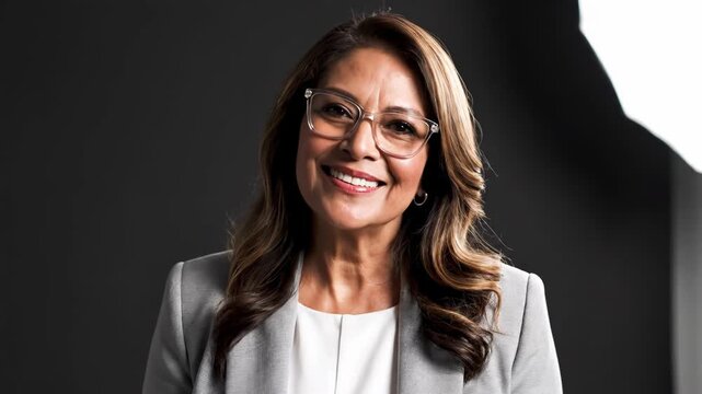 Smiling middleaged businesswoman in gray blazer and white top standing against dark background