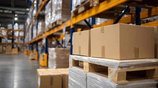 303Cinematic low-angle close-up of paper reams on pallets, tallest stack in foreground with stacks gradually lowering, sharp focus on cardboard wrapping edges, industrial warehouse sh