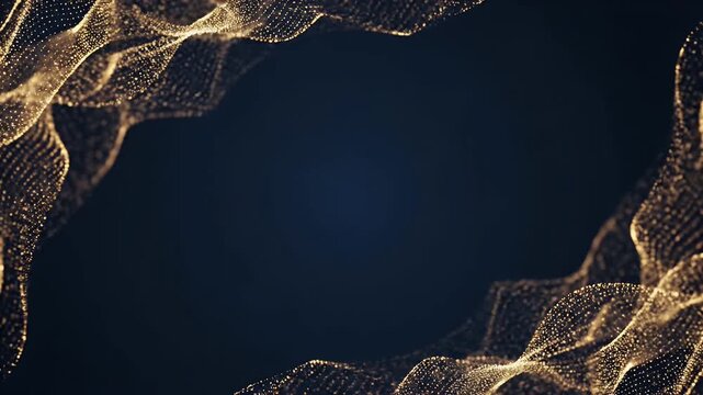 Dynamic shimmering golden particle waves creating an elegant abstract frame on a dark blue background, perfect for technology or luxury concepts and presentations
