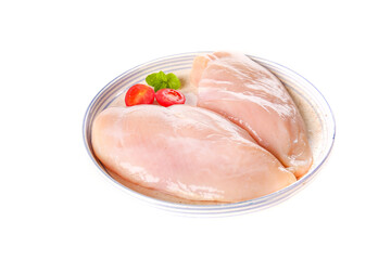 Fresh Raw Chicken Breasts with Tomatoes in Glass Bowl - High Protein Cooking Ingredient
