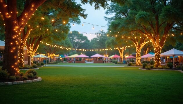 Green park lawn with illuminated trees and colorful umbrellas set up. String lights twinkle on branches creating a festive evening atmosphere. Outdoor event space awaits guests for a celebration.