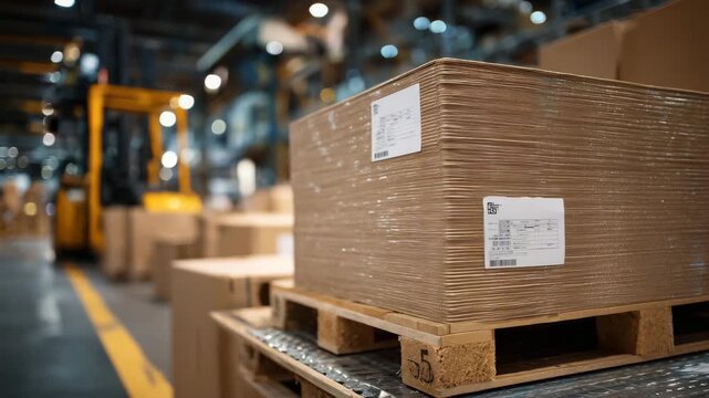 307Macro-detail shot of stacked paper reams on pallets, visible decline in stack height, corner edges crisp, texture of cardboard and printed labels highlighted, subtle overhead light