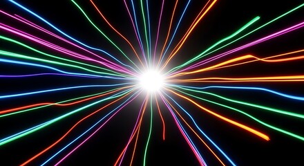 Vibrant multicolor light trails radiate from central glowing point