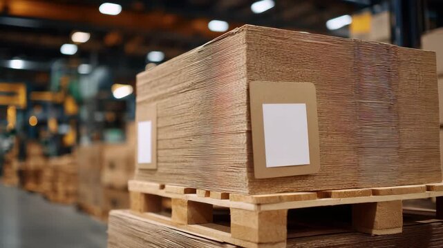 310Macro-detail shot of stacked paper reams on pallets, visible decline in stack height, corner edges crisp, texture of cardboard and printed labels highlighted, subtle overhead light
