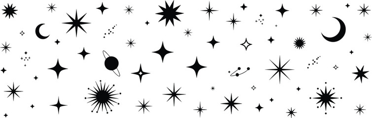 Celestial silhouette icon set, stars, crescent moons, planets, constellations, cosmic theme, black vector, isolated, mystical graphic, astronomy design © KanonRani art