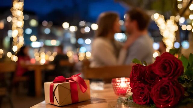 317Faceless couple in a restaurant, man gently kissing the woman&rsquo;s hand across a table, Valentine&rsquo;s Day roses in a vase, small gift box next to a flower bouquet, warm ambient light, s
