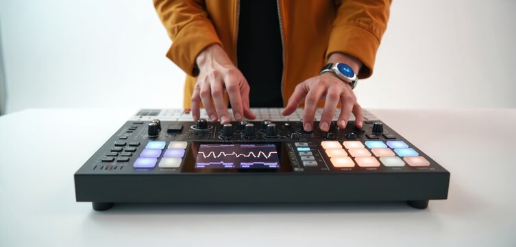 Musician hands create song using beat machine and colorful illuminated pads. Close up on person fingers on sampler controls and dj controller. Producer works in audio studio.