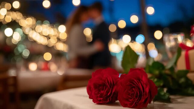 319Close-up of a hand kiss between faceless couple, red roses and gift on table blurred in foreground, restaurant lighting creating soft bokeh, romantic and elegant Valentine&rsquo;s Day sc