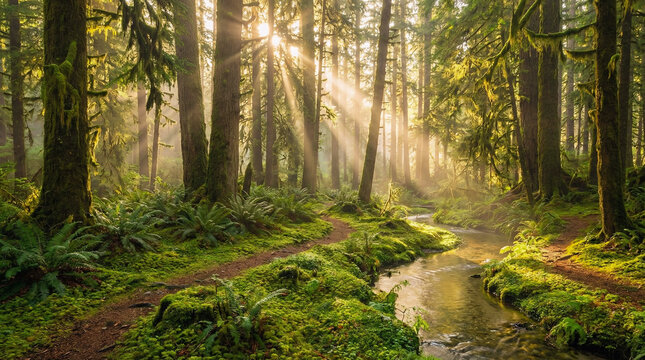 Majestic lush green forest landscape with sunbeams shining through tall ancient trees