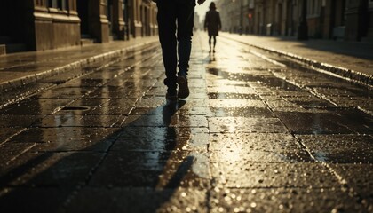 Low-angle view of two walking shadows stretching across wet pavement after rain
