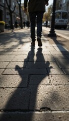 Close-up of sidewalk shadows &mdash; adult&rsquo;s hand shadow almost brushing child&rsquo;s shoulder shadow