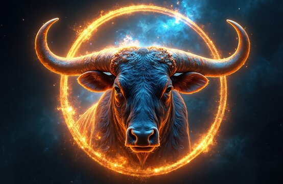 Bull head in glowing orange circle against starry blue nebula. Taurus zodiac sign symbolic art. Cosmic bovine horns radiate powerful energy. Mystical astrological concept.