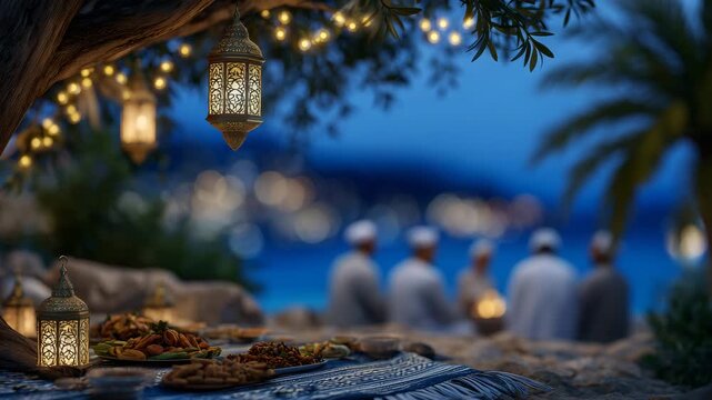 336Evening Ramadan iftar scene with faceless family under tree, lanterns glowing warmly, palms and distant night sky softly blurred, food and hands in focus, cinematic composition wit