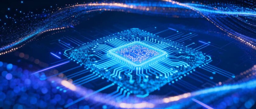 Glowing Blue Circuit Board with Microchip and Light Waves in Futuristic Digital Environment