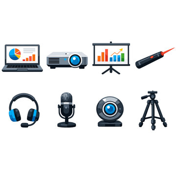 Professional training equipment flat style: laptop, projector, projection screen, laser pointer, headset, microphone, webcam, tripod
