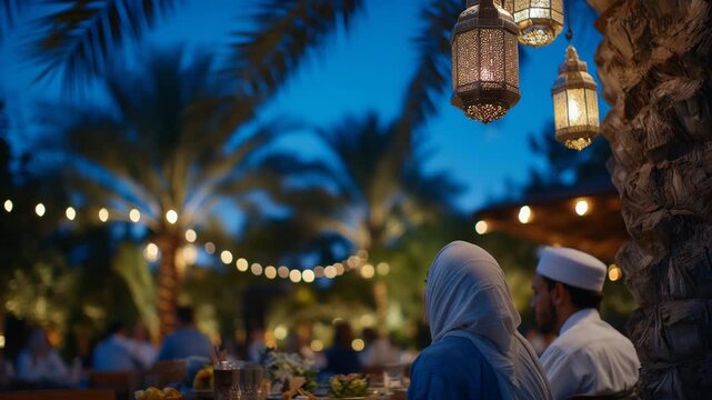 340Low-angle shot of faceless family during Ramadan iftar, lanterns glowing above, palm trees in soft focus behind, tree trunk framing the scene, warm cinematic lighting, space above