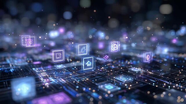 3323D cinematic visualization of AI content creation, holographic icons for generative AI tools hovering over virtual workspace, neon highlights, futuristic grid and circuit patterns,