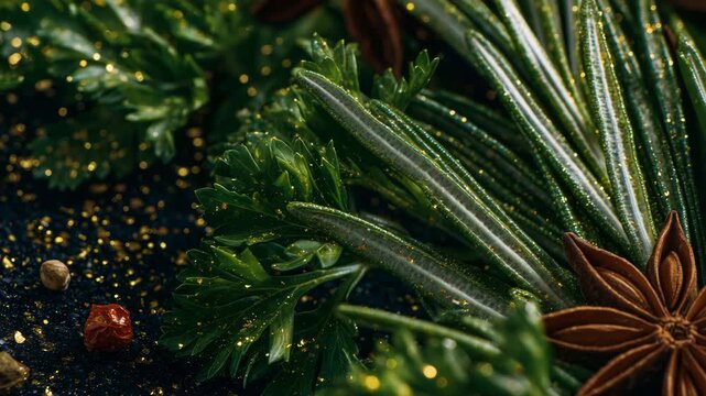 Artful close-up composition of green herbs and warm spices, layered parsley and oregano leaves, structured rosemary sprigs, bay leaves framing star anise and peppercorns, cayenne a