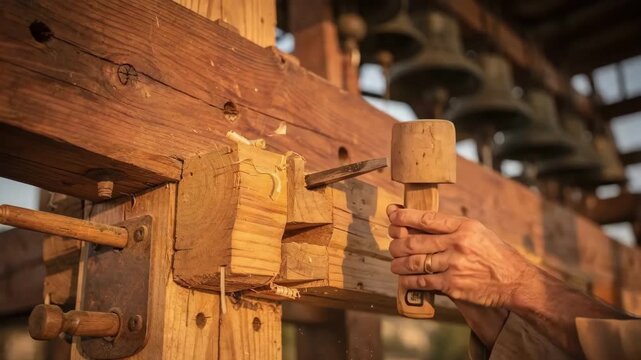 Focused view on hands securing a large timber brace in a multibell tower frame highlighting woodworking techniques with blurred bell shapes in the distance.
