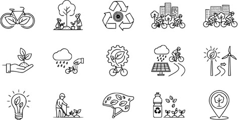 Obraz premium Eco-friendly Lifestyle Icons: Cycling, Recycling, Green Energy, Gardening, and Sustainability