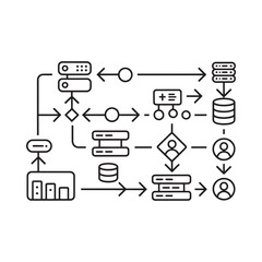 Line art illustration depicting data flow and server infrastructure connections
