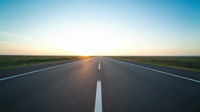 Expansive, empty asphalt road stretching towards a brilliant, sunlit horizon, symbolizing a journey into the future, new opportunities, and the boundless path ahead at dawn or dusk