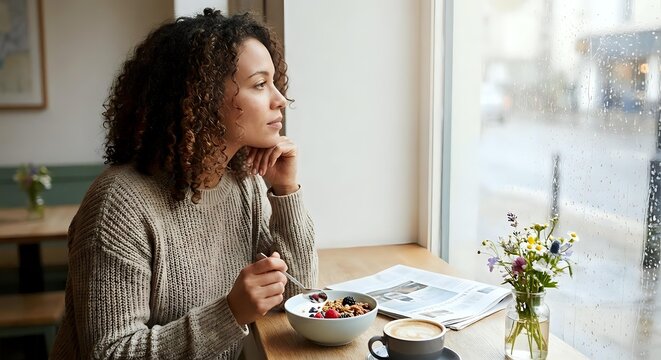 Middle-aged woman with curly hair enjoying healthy breakfast at home, looking thoughtfully out window while eating yogurt with berries in cozy kitchen setting.