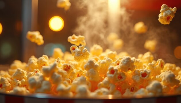 Hot popcorn jumps from a cinema concession stand bin. Steam rises from golden kernels flying mid-air near warm lights. This makes a great snack.