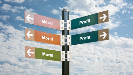 Fototapeta premium Signposts the direct way to morality versus profit